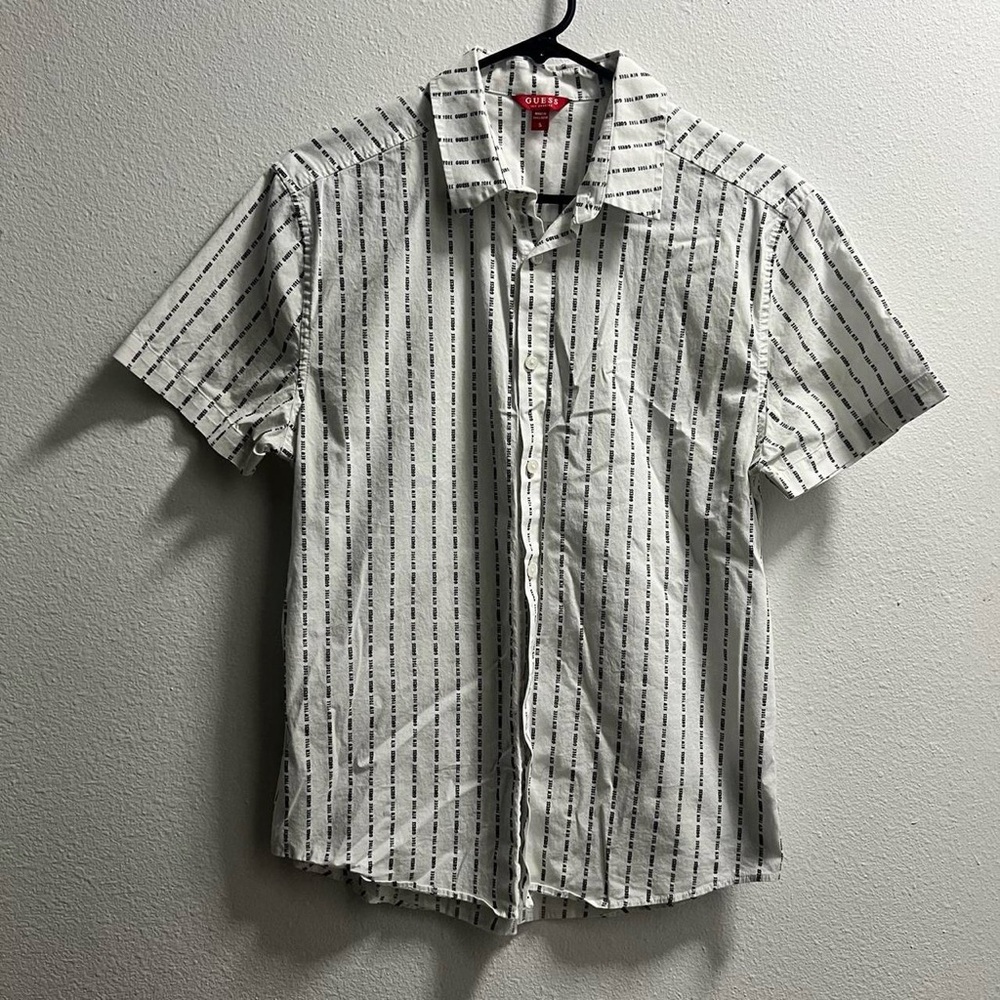 White and black letters striped button-up shirt